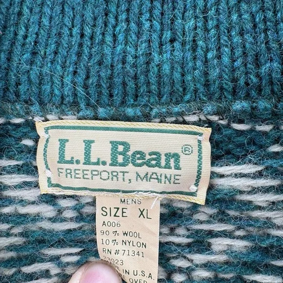 VTG LL Bean Wool Jacket Mens XL Snowflake Green Sweater Made In USA - Picture 3 of 4